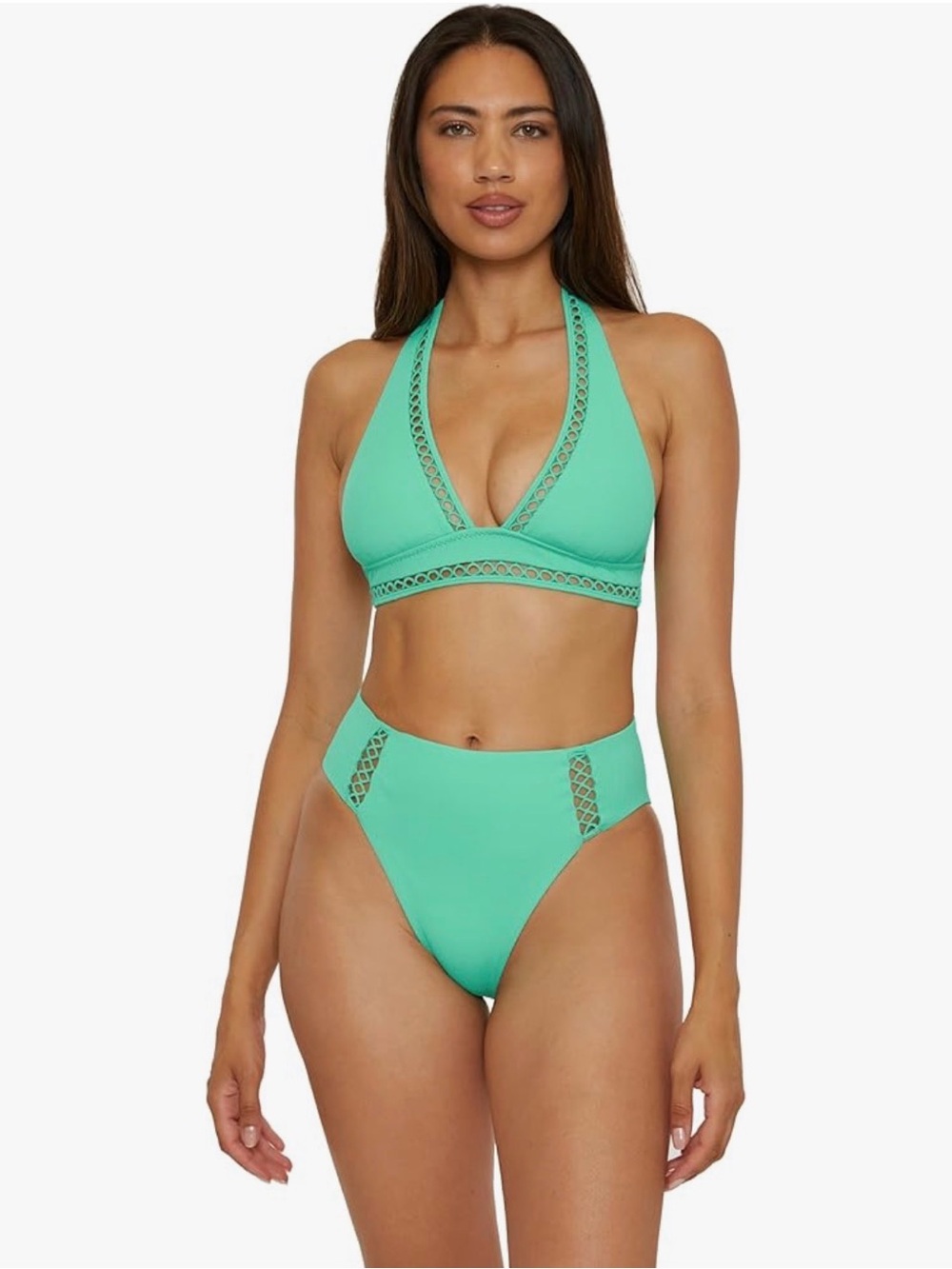 BECCA Modern Edge Rib Cassidy Halter Top High-Waist Bottom Bikini Set Size S